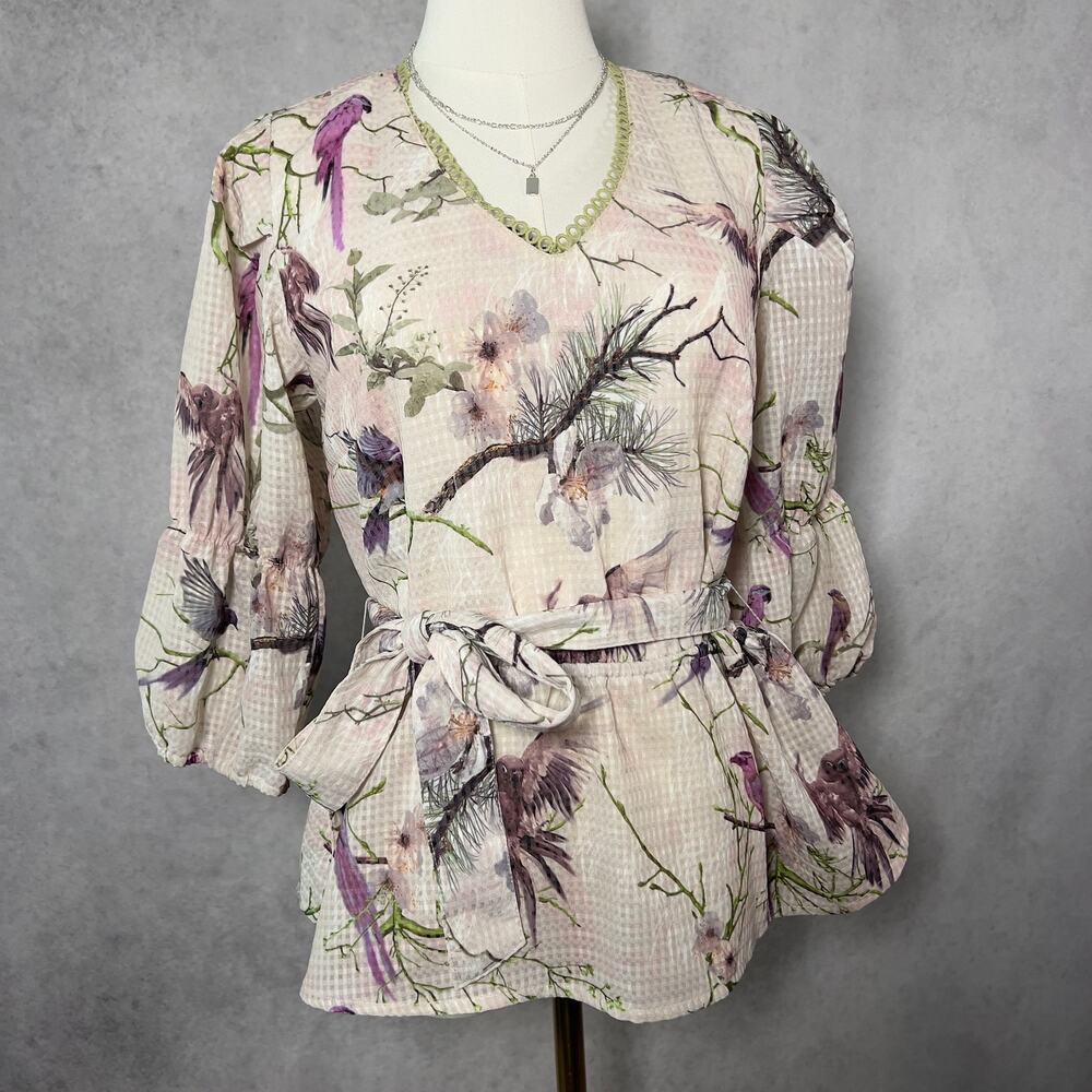 Women's Wrap Peplum Top - Crepe Blouse with Lantern 3/4 Sleeves Size 6